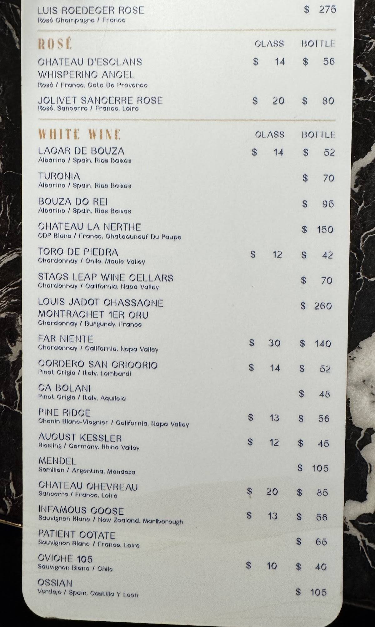 Carta del restaurante INTIMO, Miami Beach