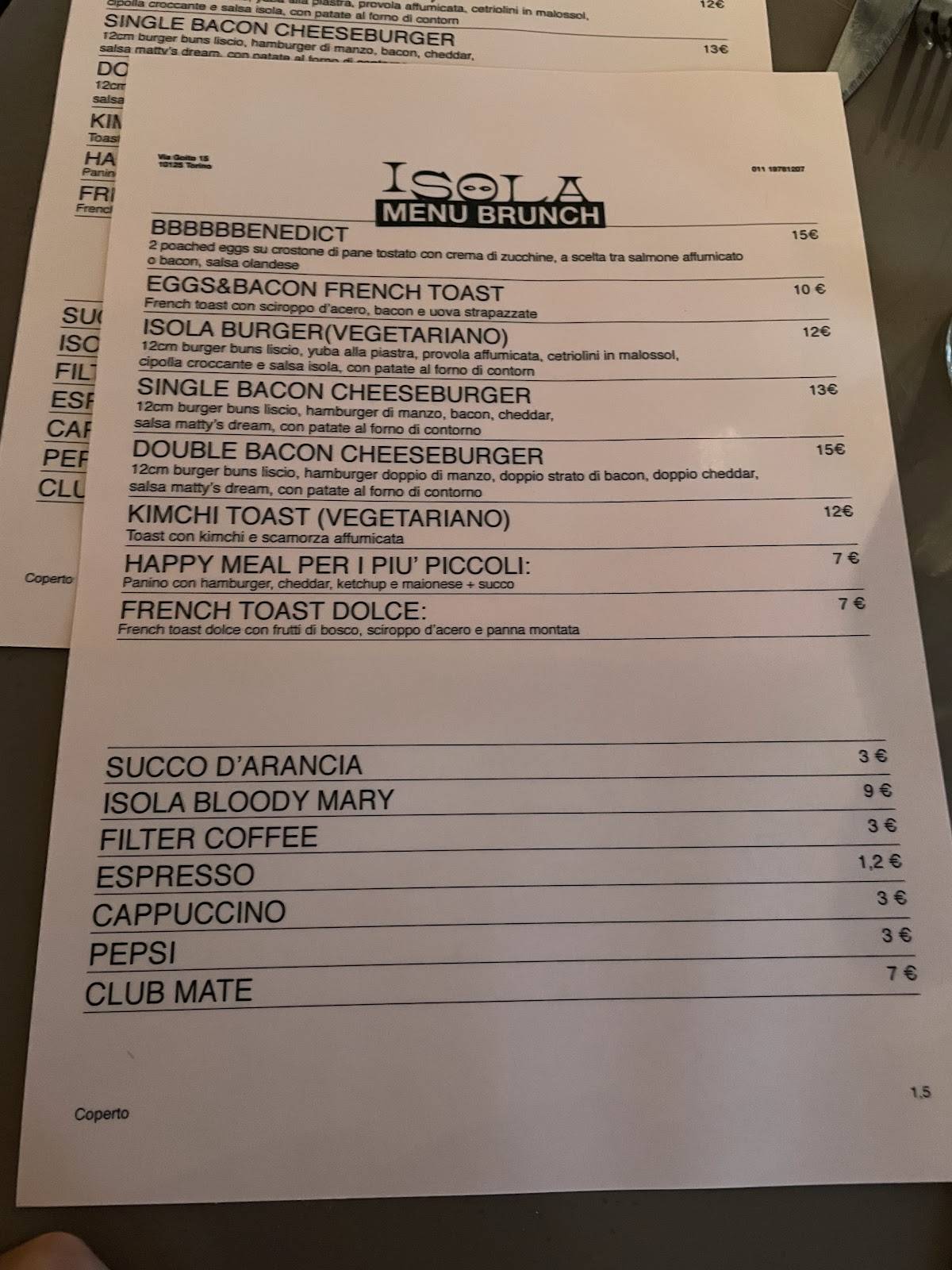 Menu di ISOLA Bar con Cucina - Tapas - Burger - Brunch - Vini Naturali 