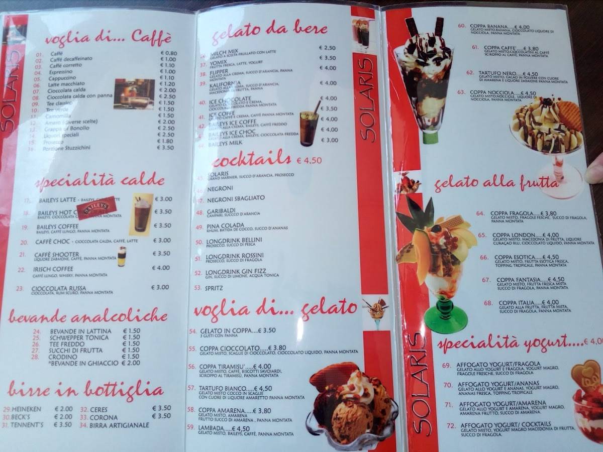 Menu di Gelateria Sfilatineria Torte Cake Design Bar Solaris Matino 