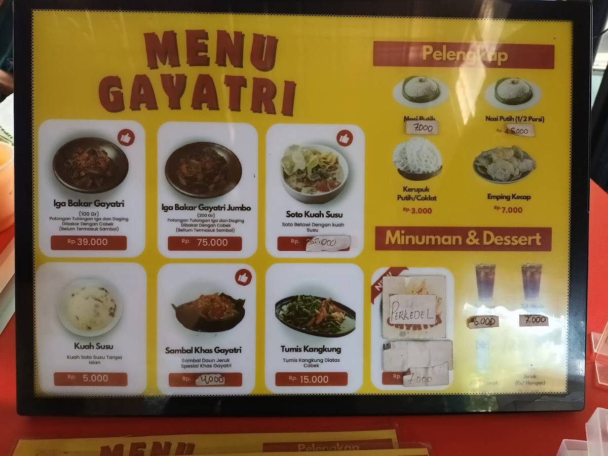 Menu at Iga Bakar Gayatri restaurant, South Jakarta