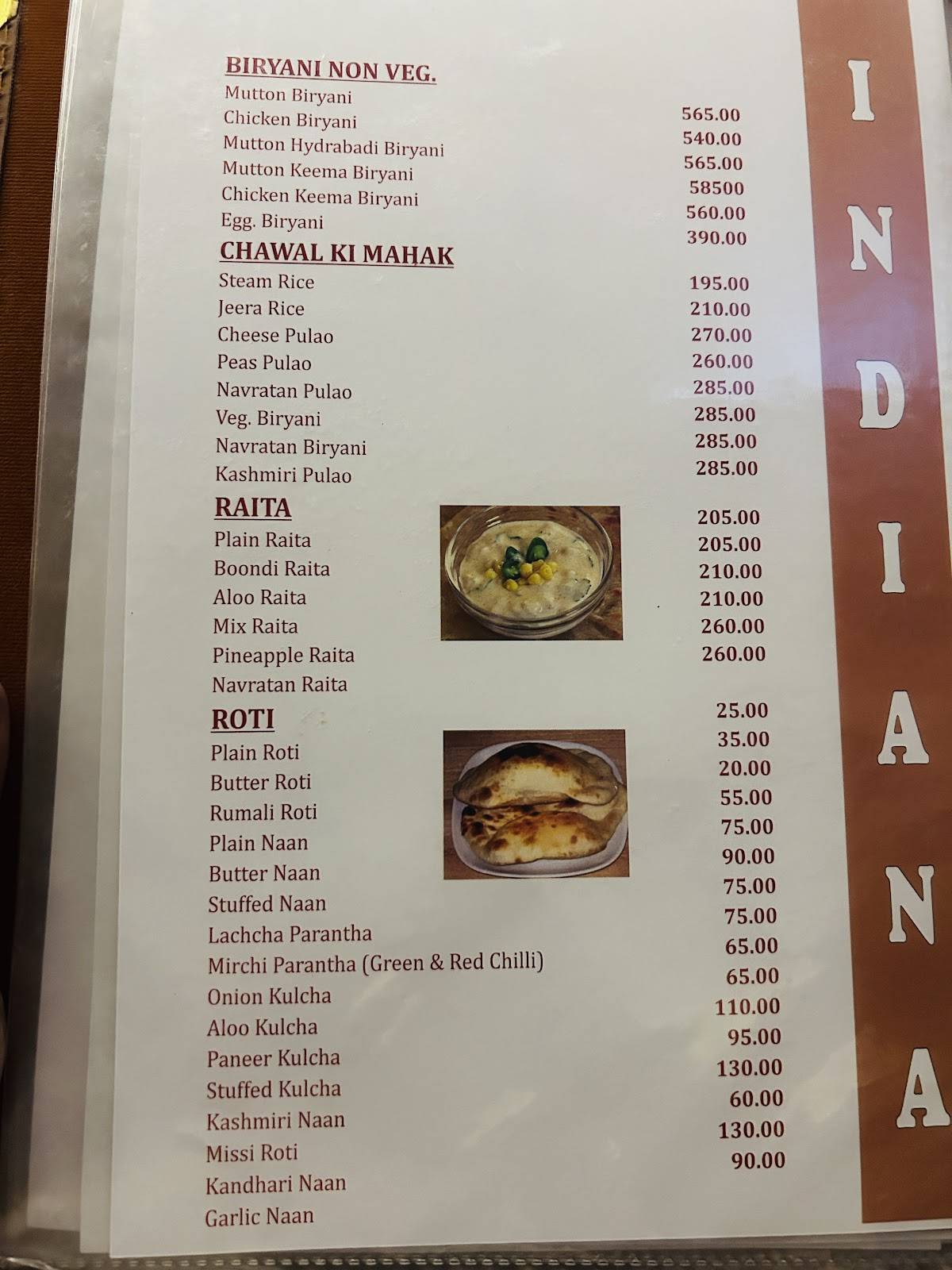 Indiana Bar And Restaurant menu