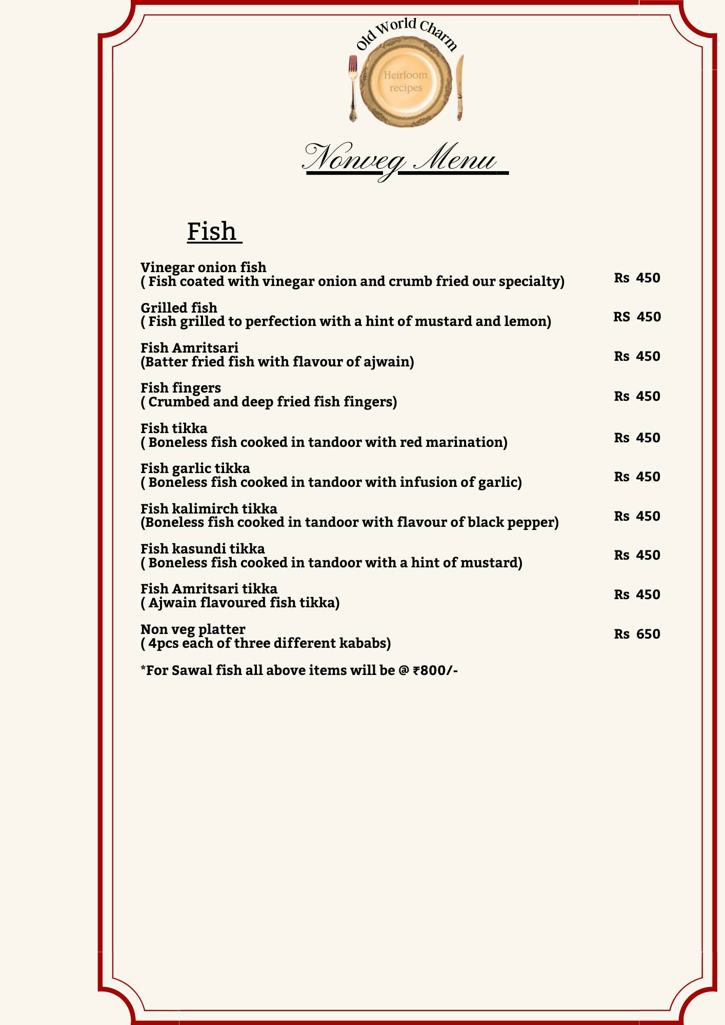 Old World Charm menu