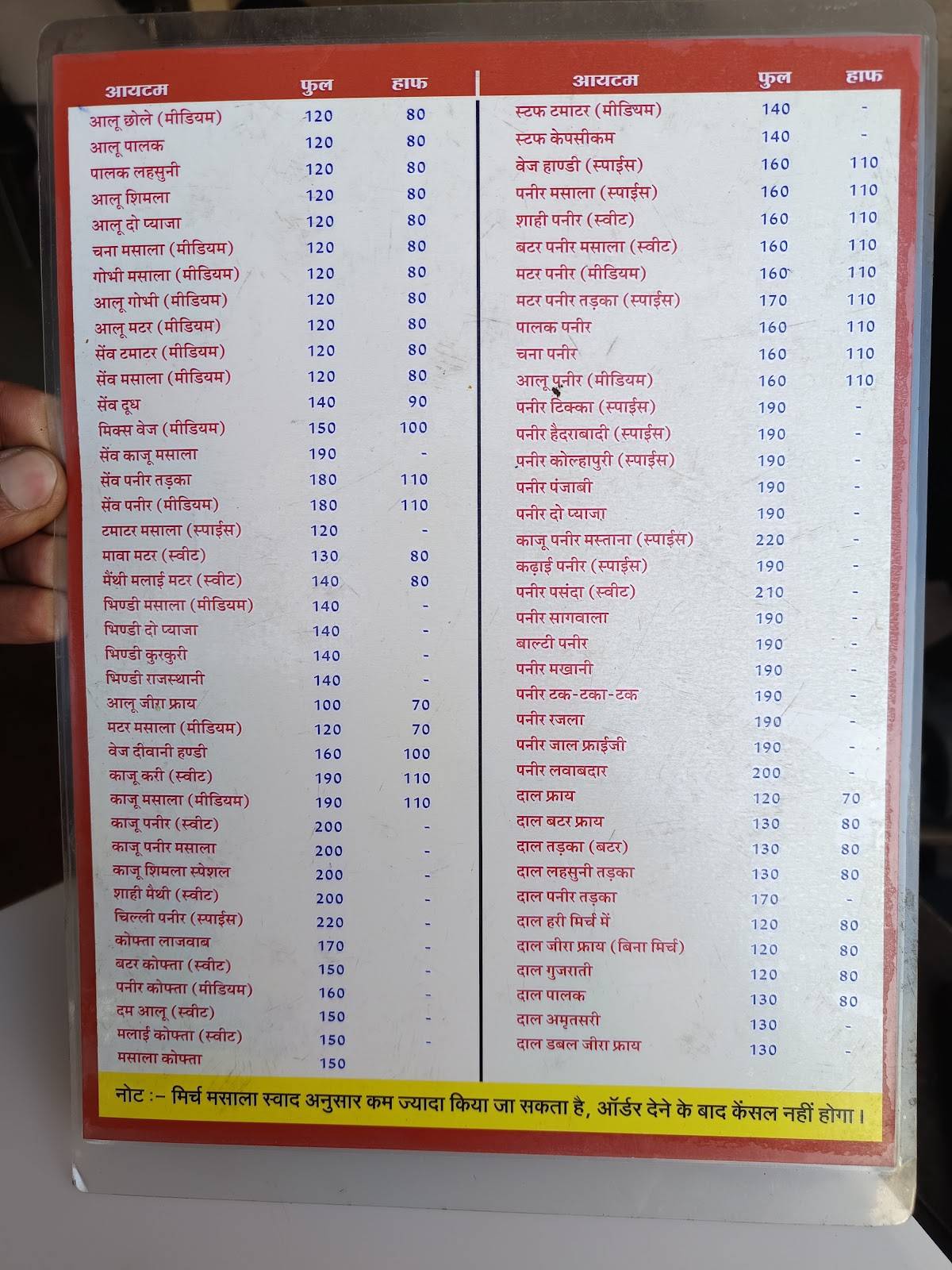 Shri Kripa Restaurant menu