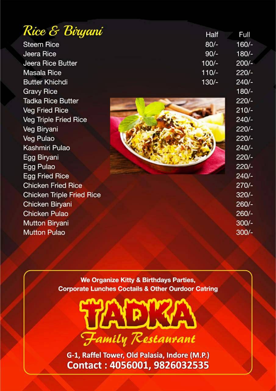 Tadka family restaurant menu