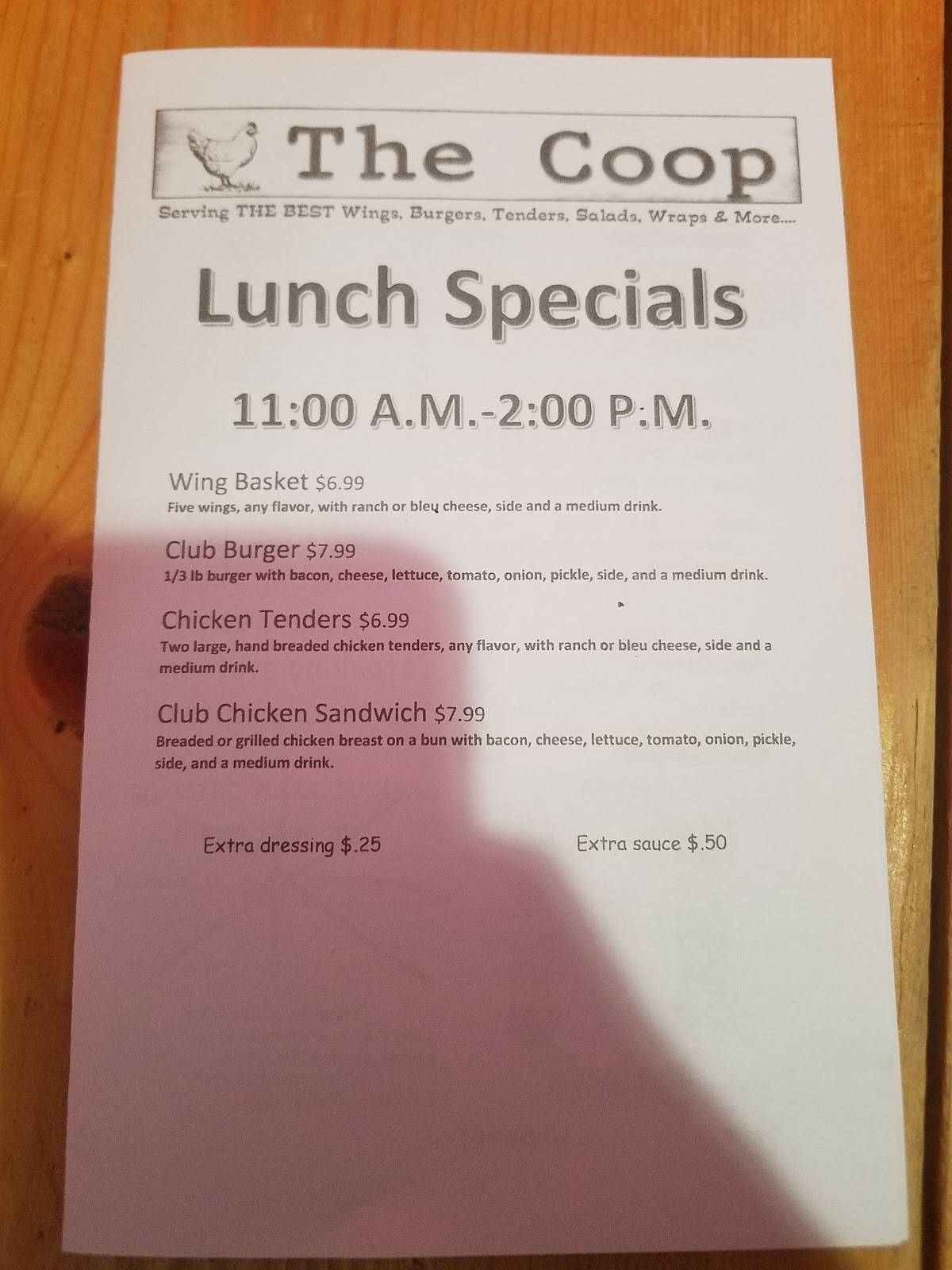 Menu at The Coop restaurant, Macclenny