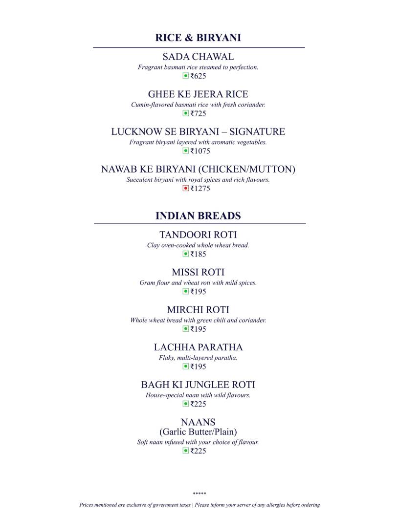 Once Upon A Time At The Bagh menu