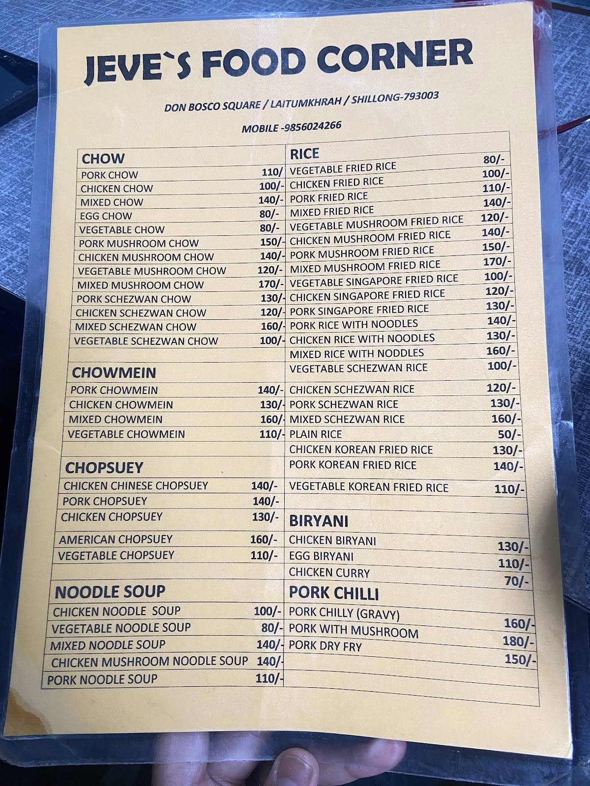 Jeves' Food Corner menu