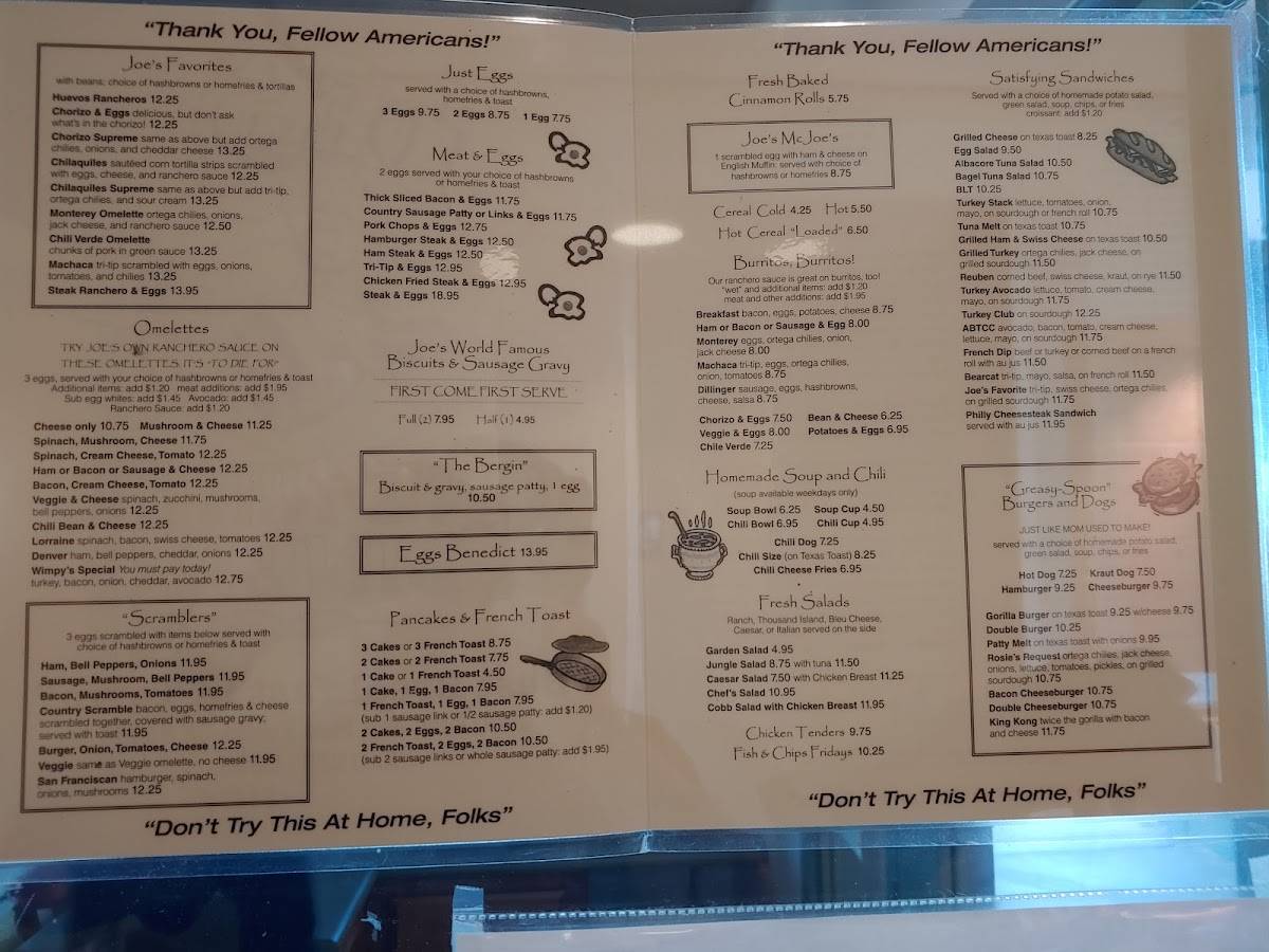 Menu at Joe's OneNiner Diner restaurant, Paso Robles