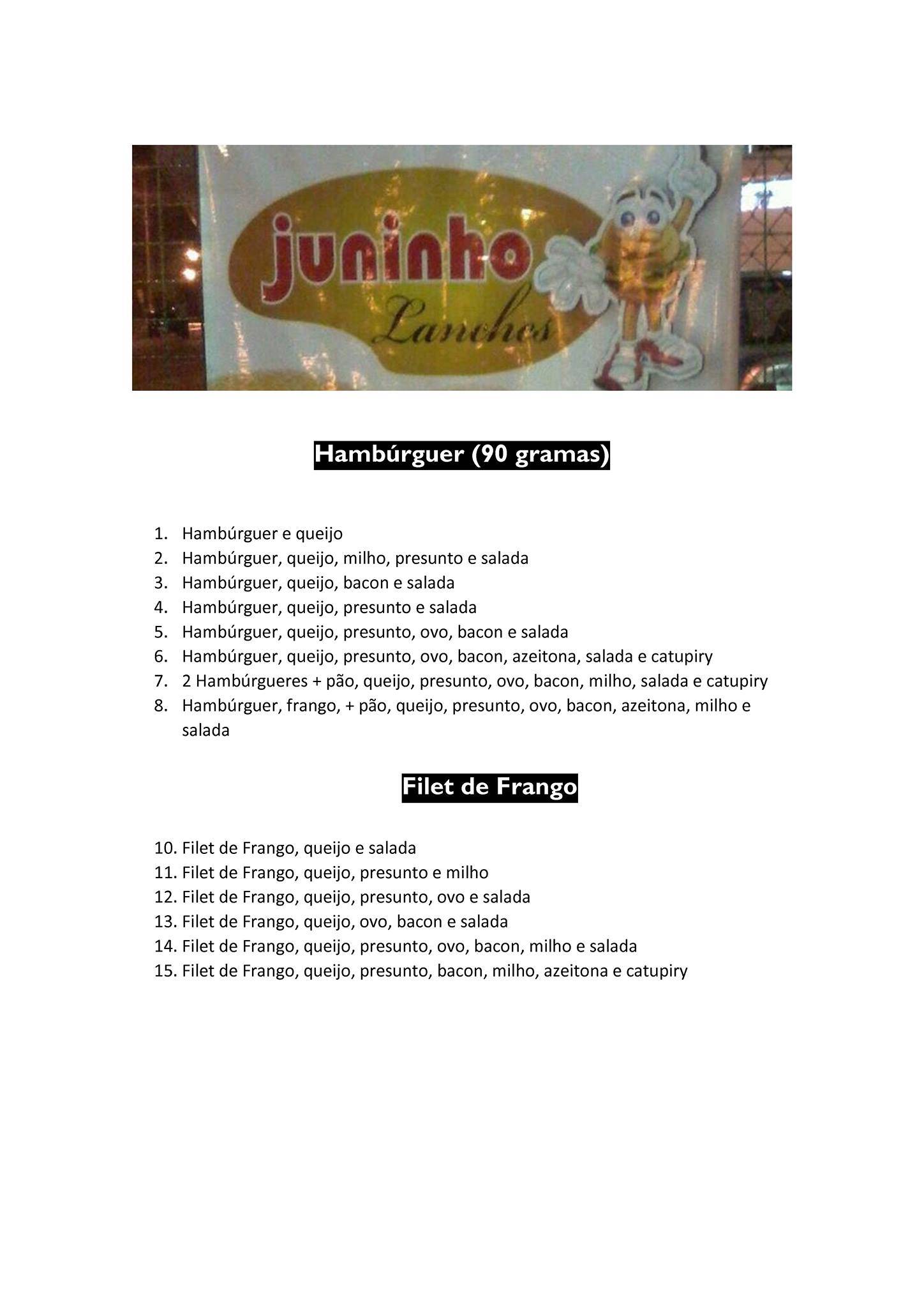 Juninho Lanches cardápio