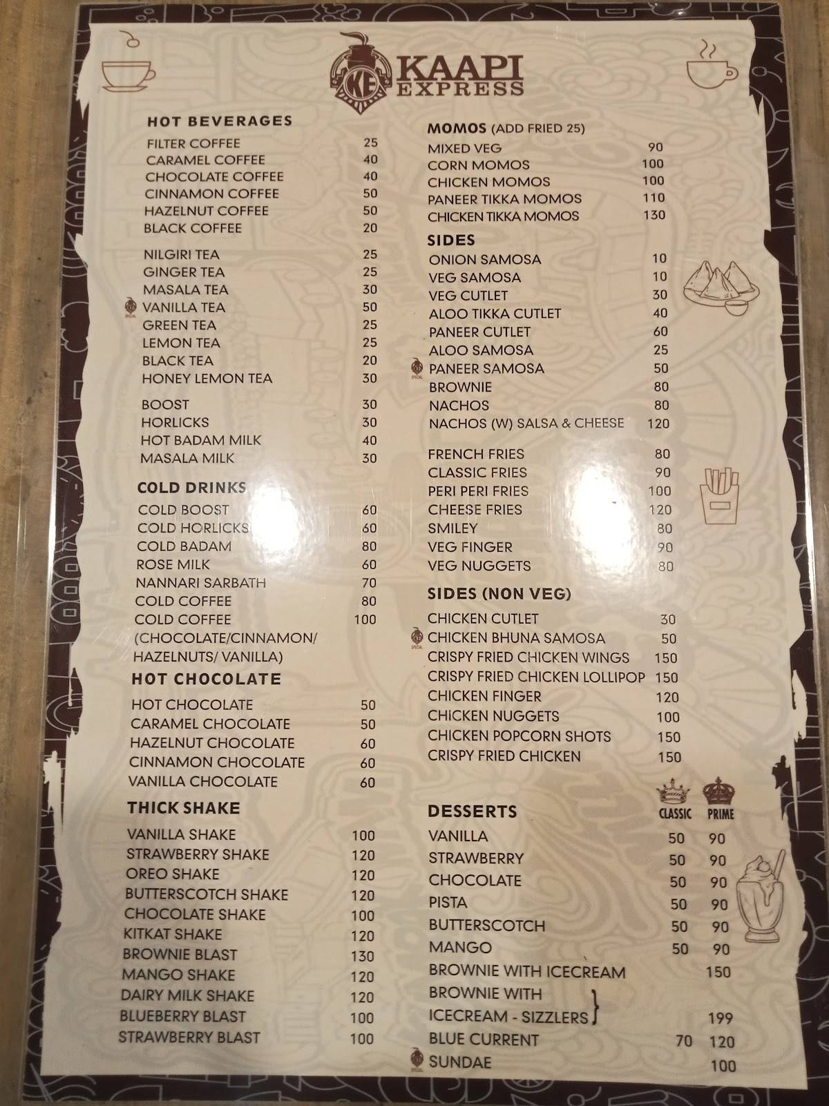 queen kaapi menu