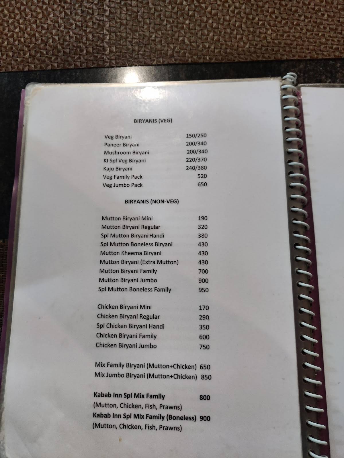 Kabab inn menu