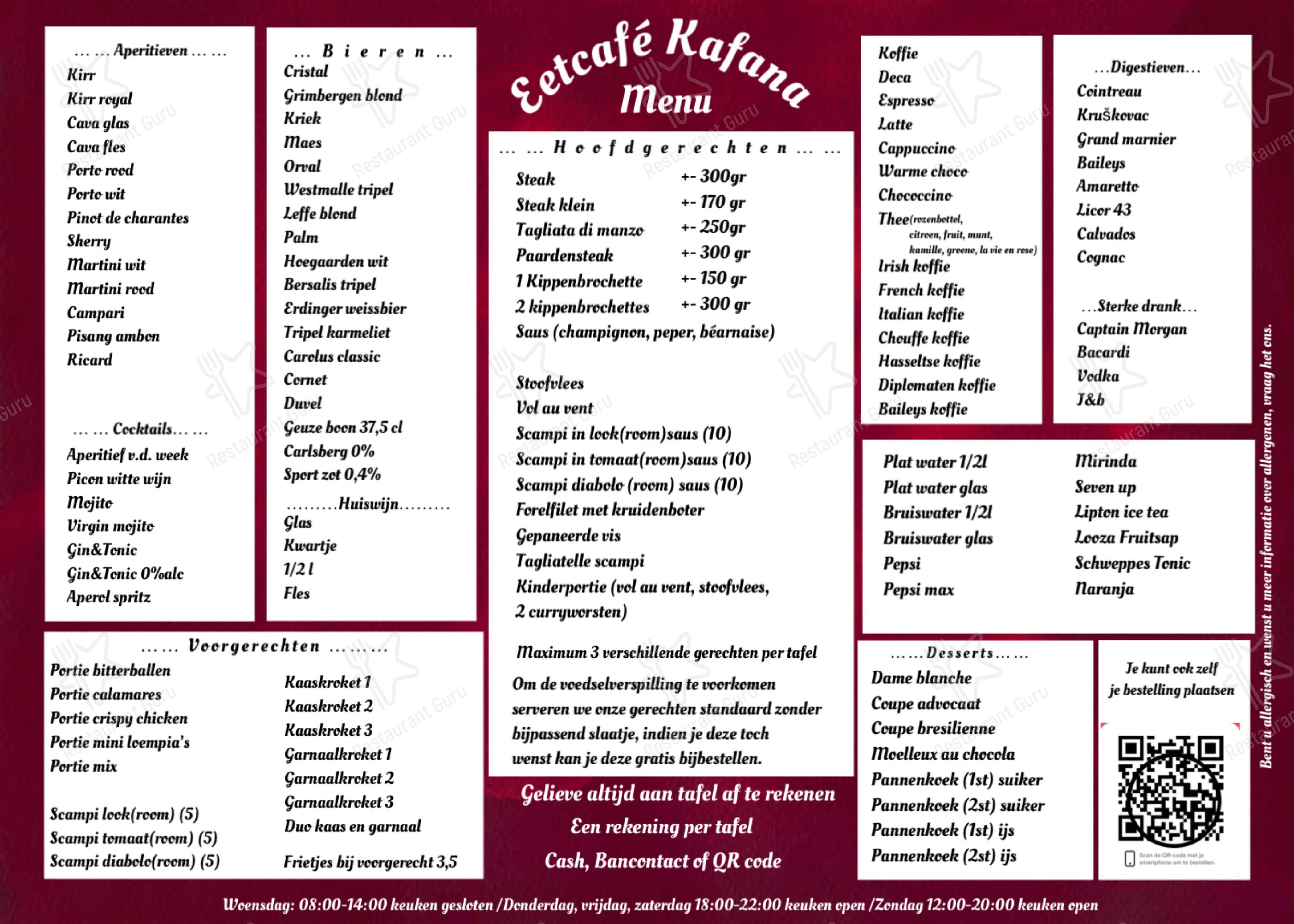 Menu pour Kafana - Menu