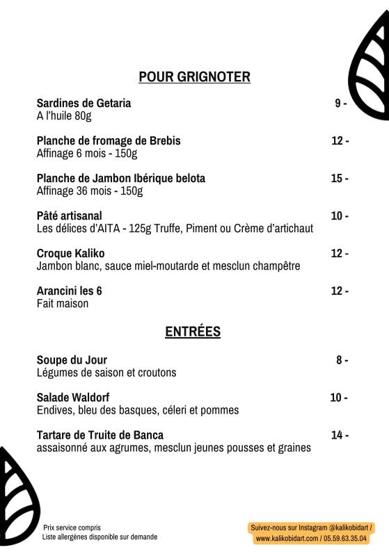 Menu de Kaliko