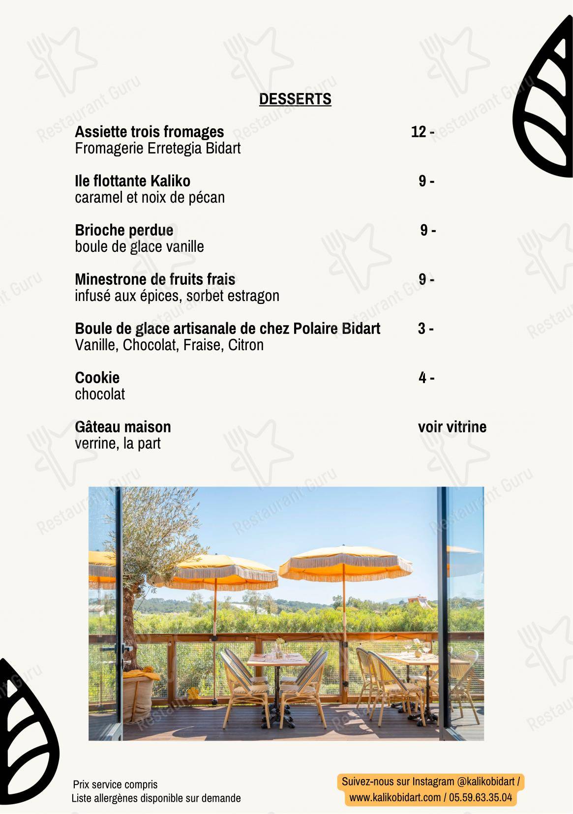 Menu pour Kaliko - Menu