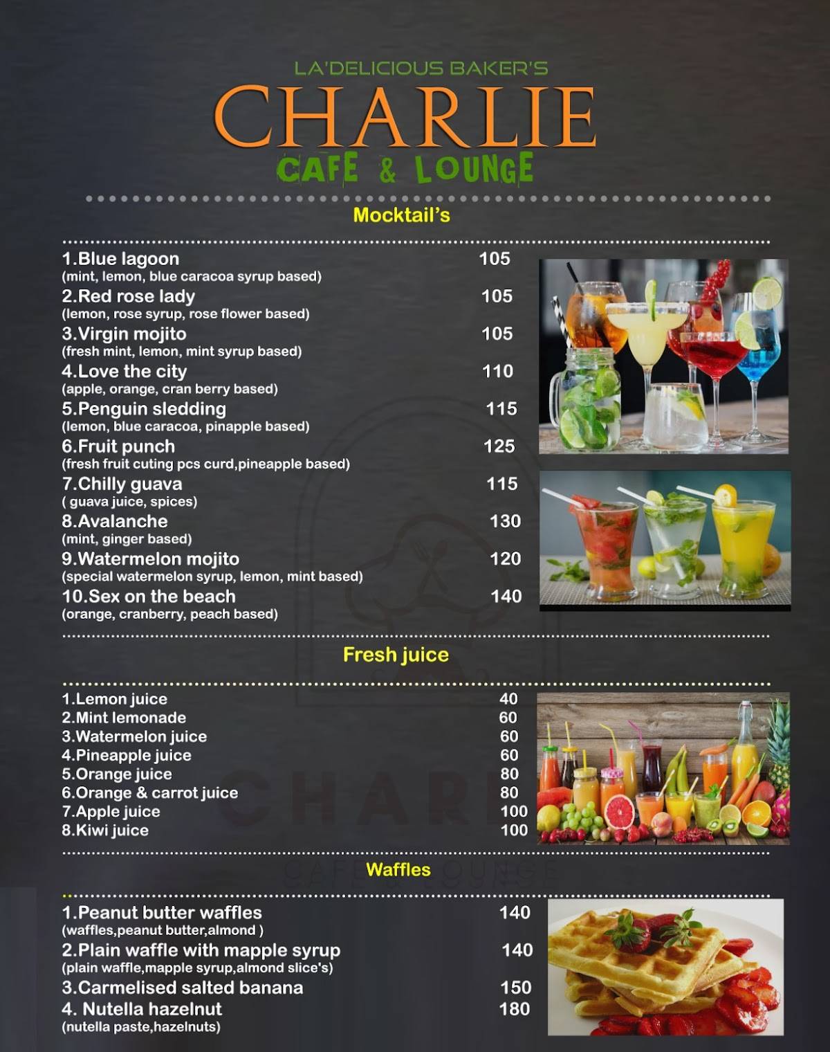 Charlie Cafe & Lounge menu