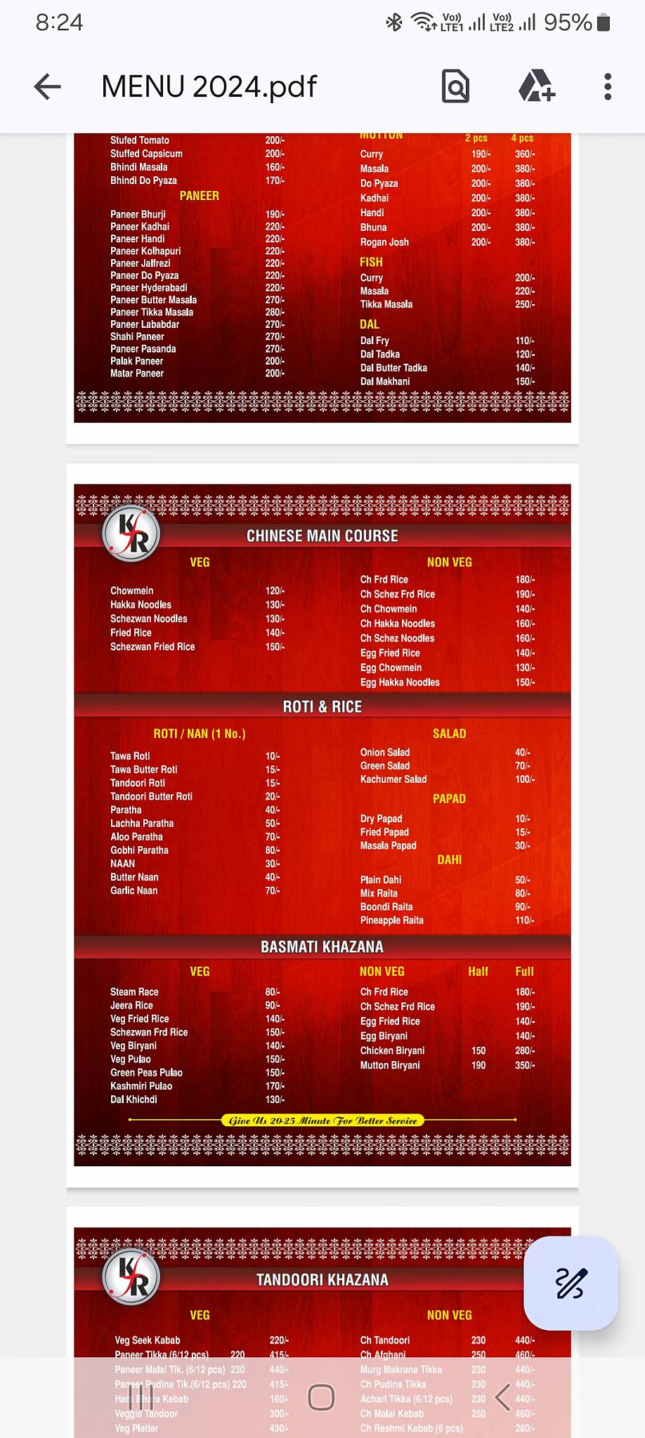 Kastoori Family Restaurant menu