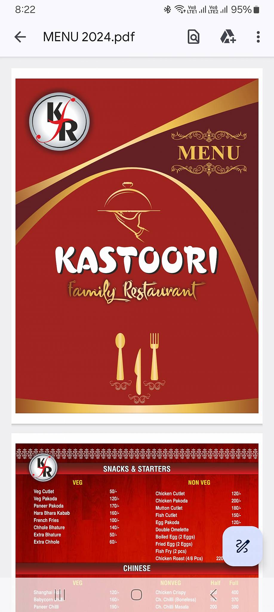 Kastoori Family Restaurant menu