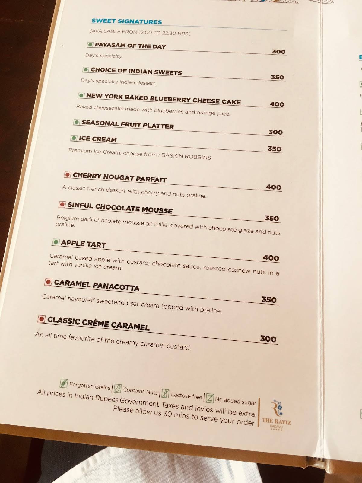 Keraleeyam at Raviz Kadavu menu