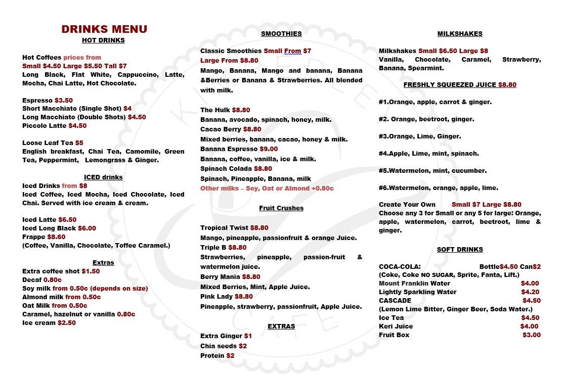 Menu at Kimberley Cafe, Kununurra