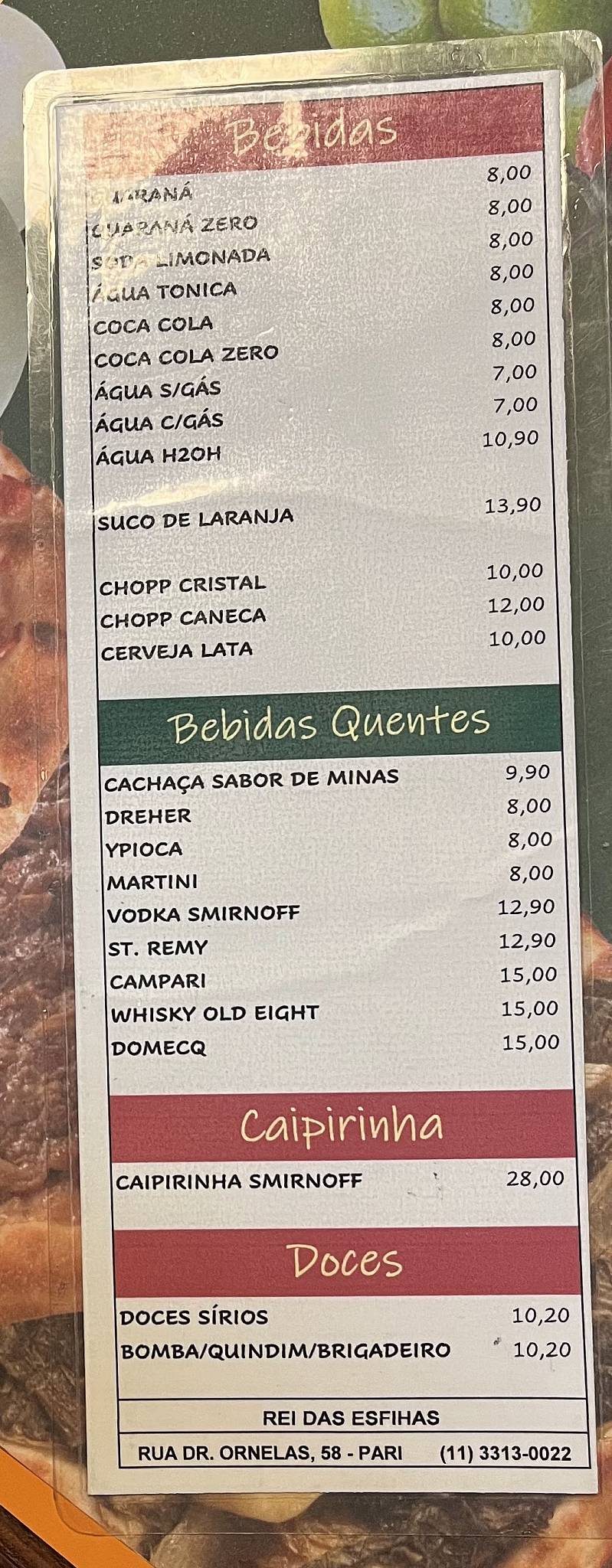 Rei das Esfihas cardápio