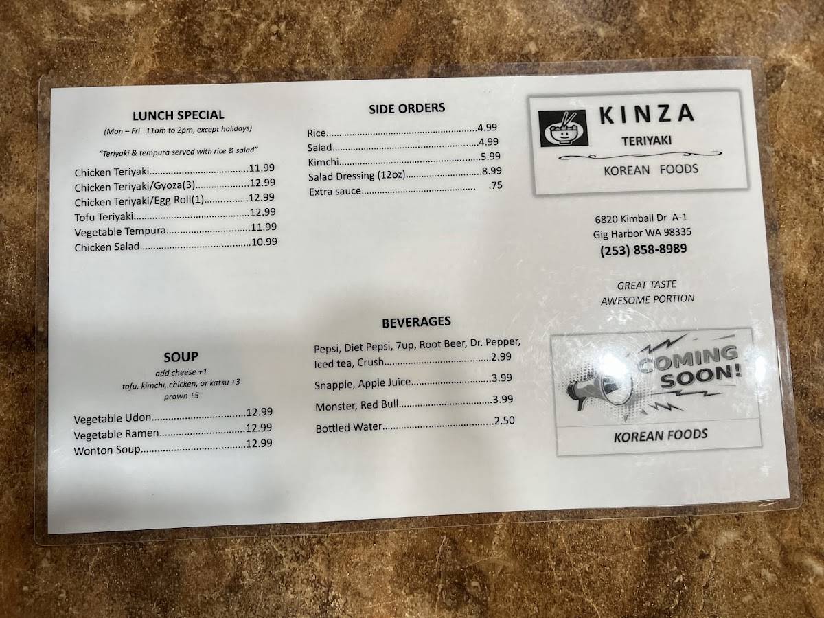 Menu at Kinza Teriyaki & Korean Restaurant, Gig Harbor