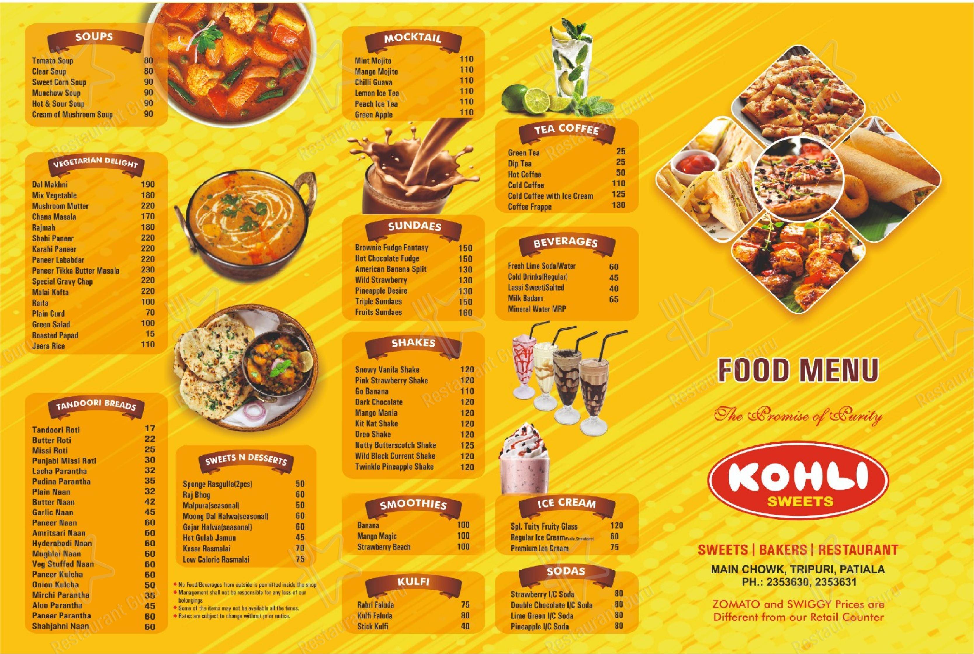 Menu bar for Kohli Sweets & BAKERS & RESTAURANT in Patiala