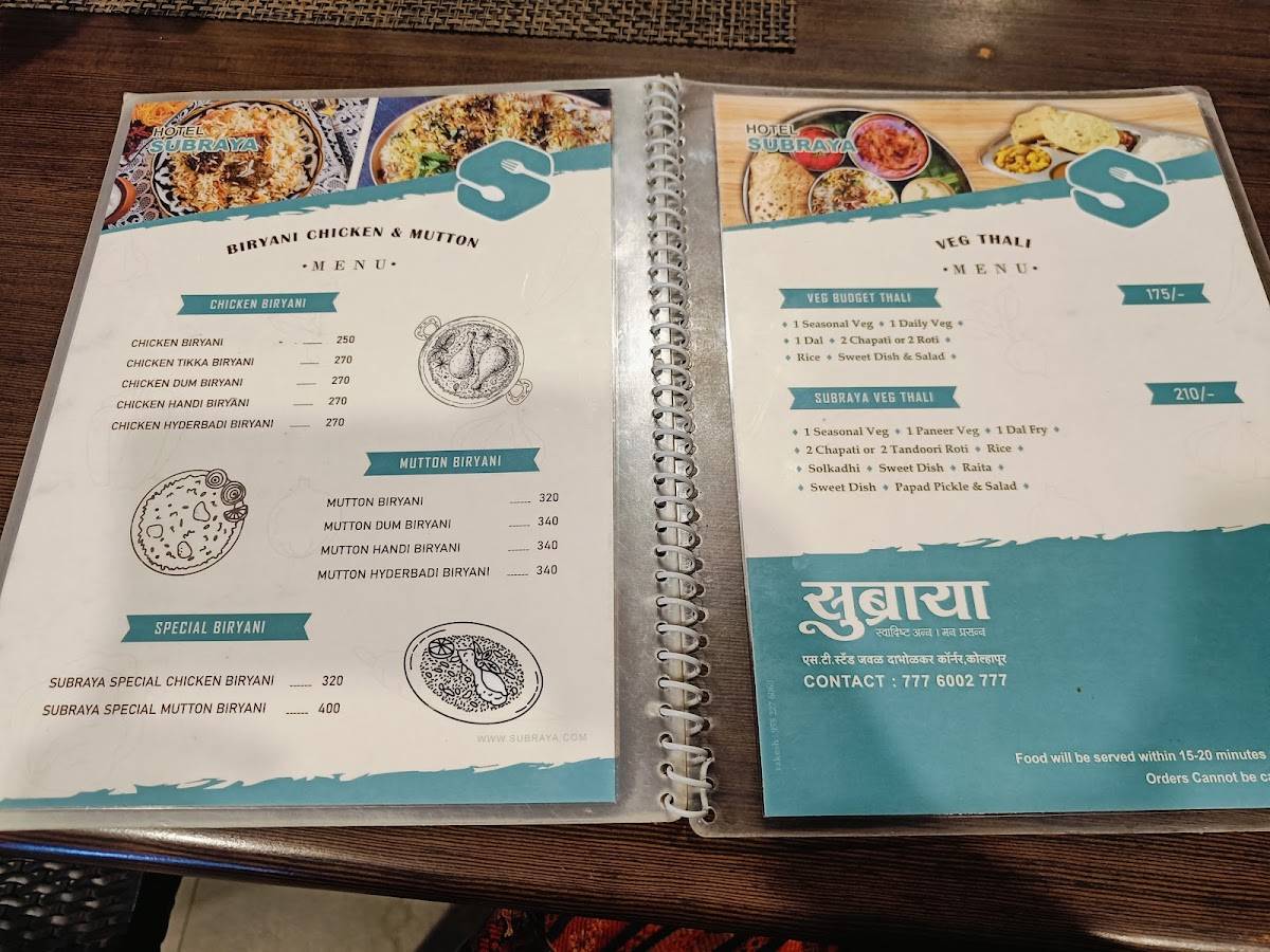 Hotel Subraya menu