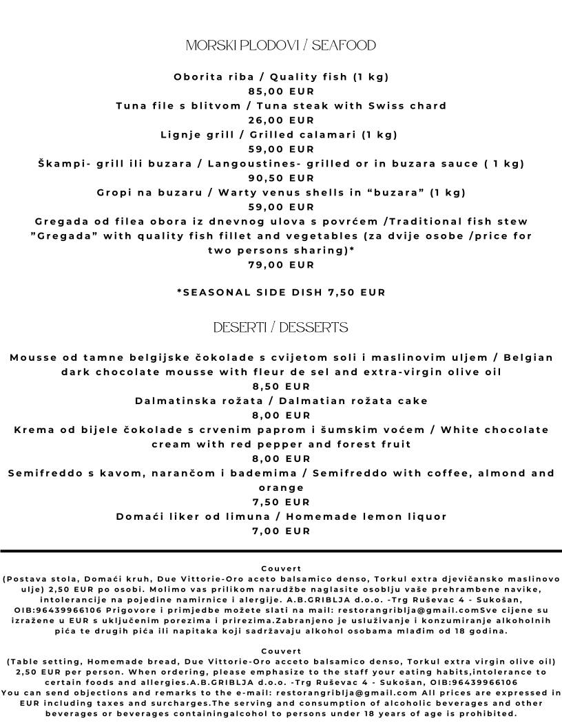 Menu di Konoba Griblja 