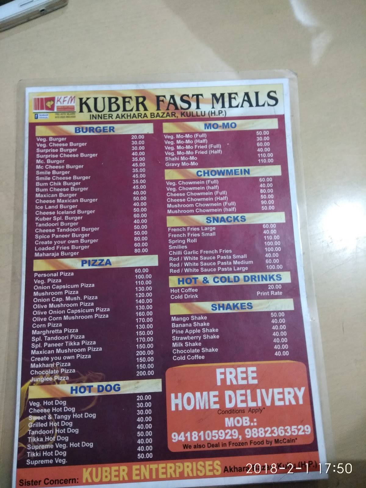 Menu at Kuber Fast Meals, Akhara, Kullu, 97/2