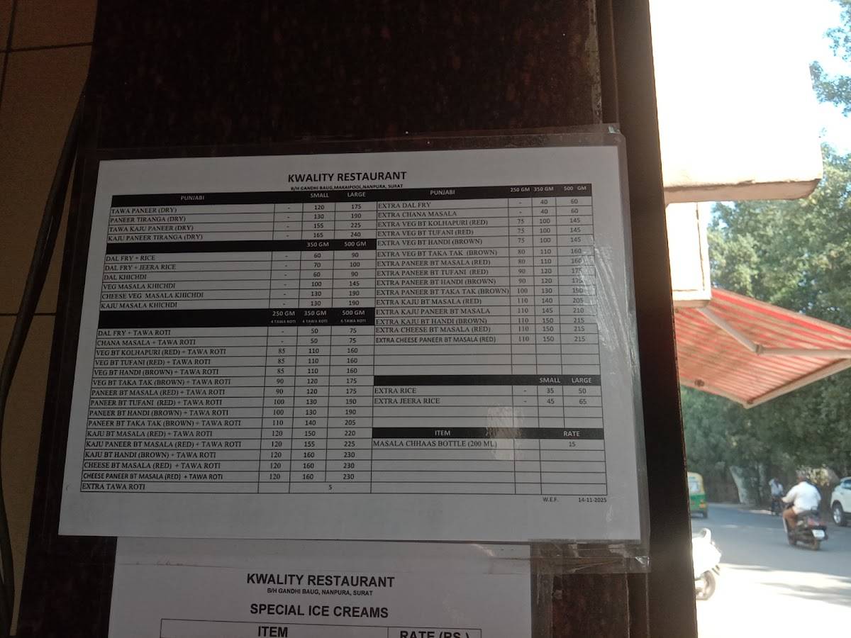 Kwality Restaurant menu