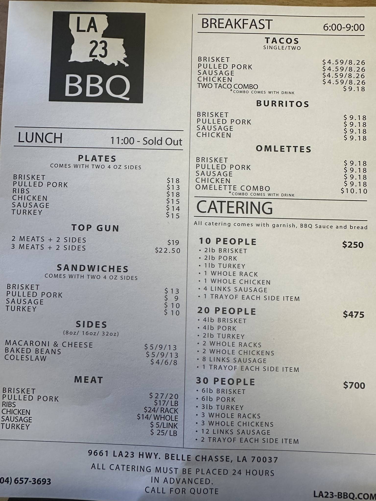 Menu at LA 23 BBQ Belle Chasse LA 23