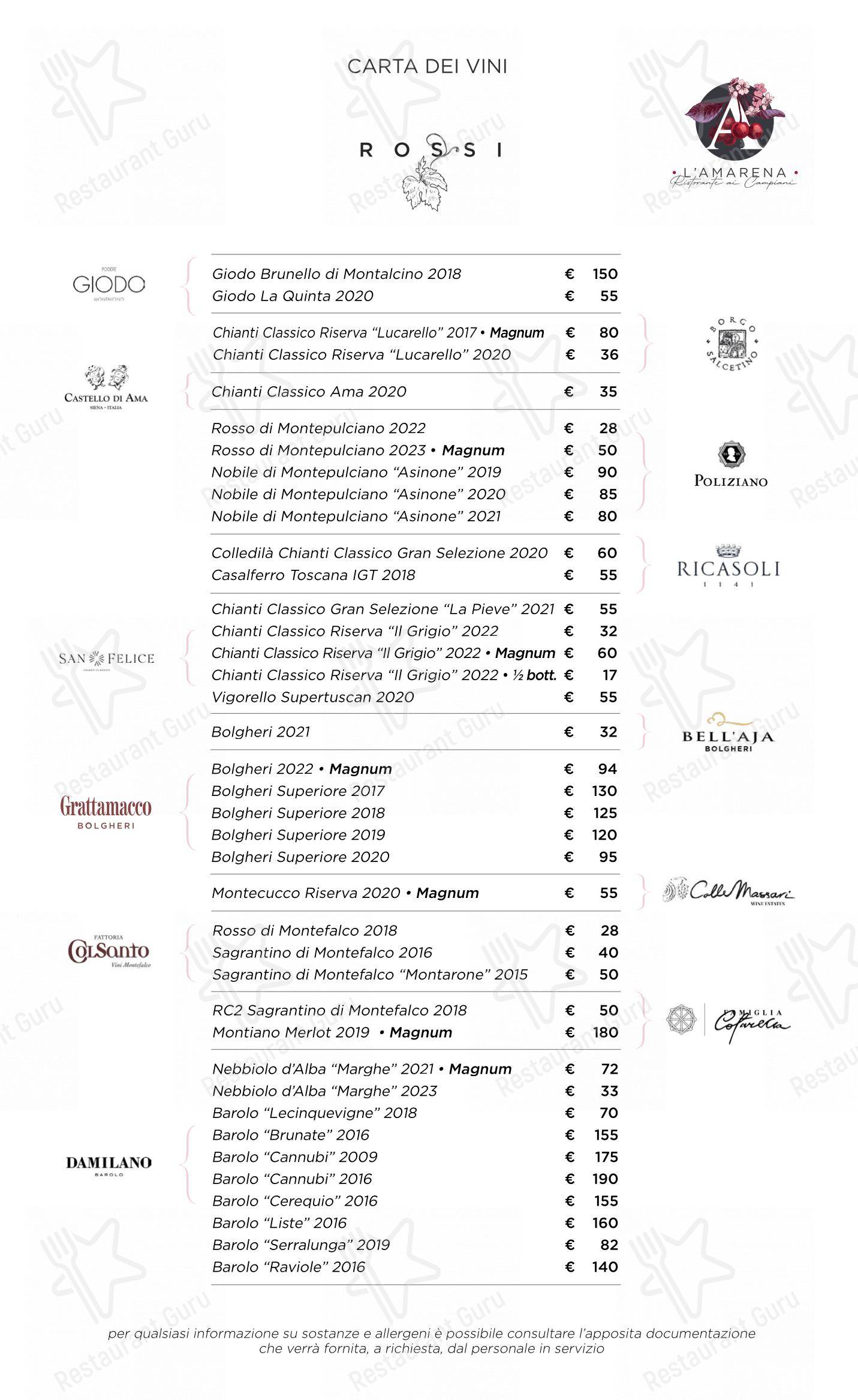 Menu per L'Amarena Ristorante ai Campiani ristorante