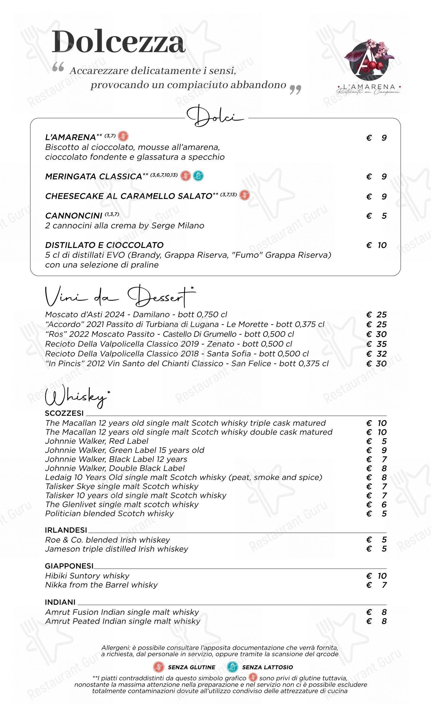 Menu per L'Amarena Ristorante ai Campiani in Cellatica