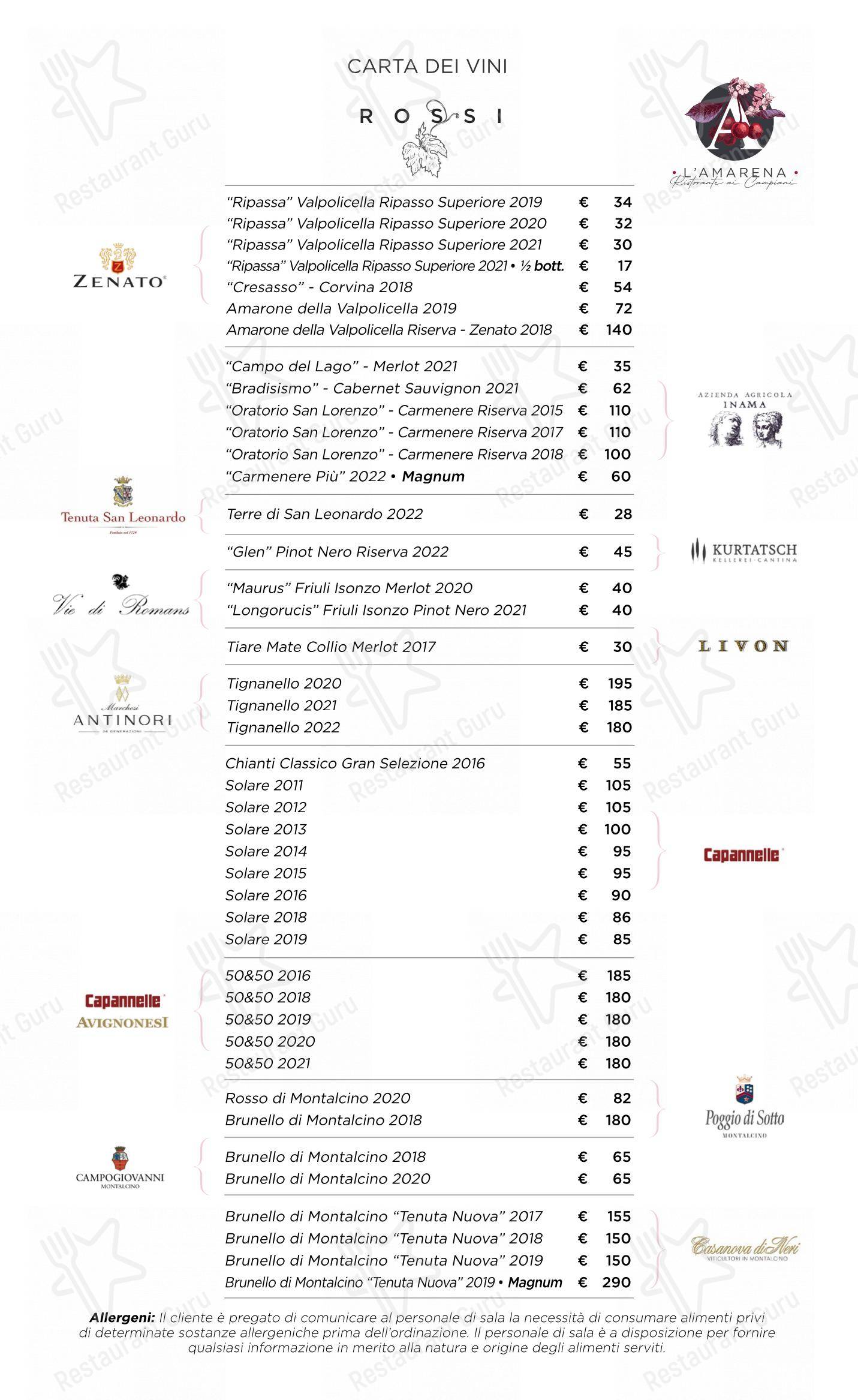 L'Amarena Ristorante ai Campiani in Cellatica - Menu