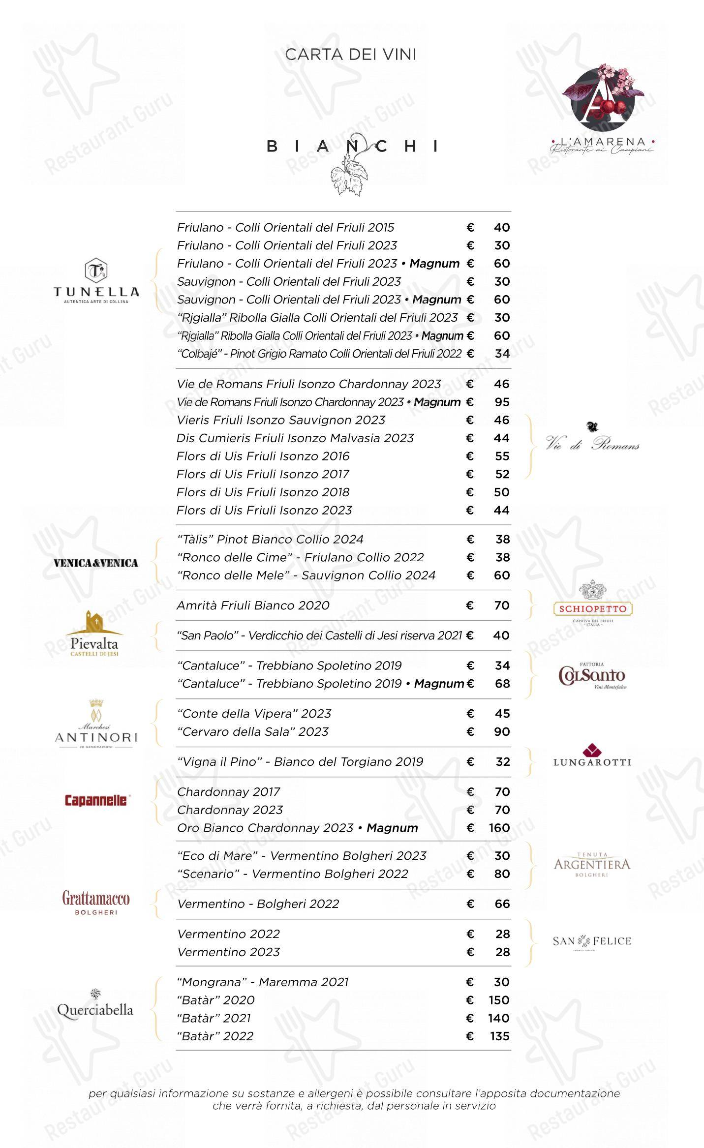 Menu per L'Amarena Ristorante ai Campiani in Cellatica