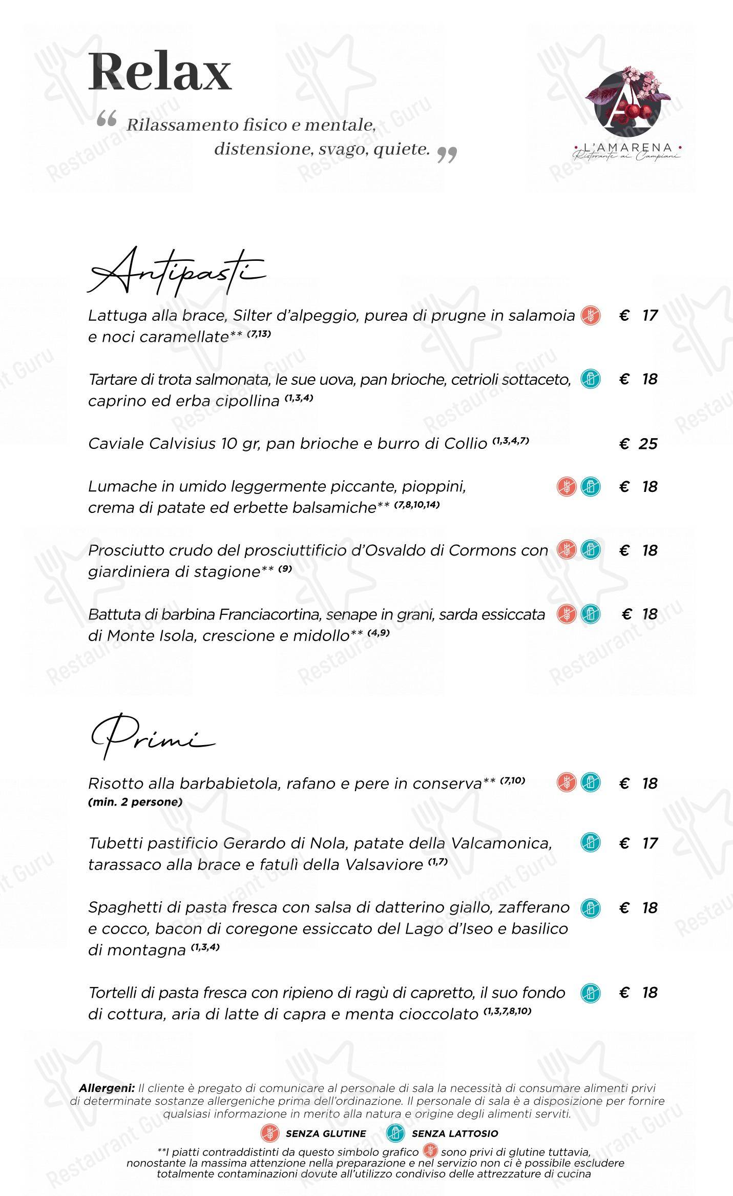 Menu per L'Amarena Ristorante ai Campiani in Cellatica