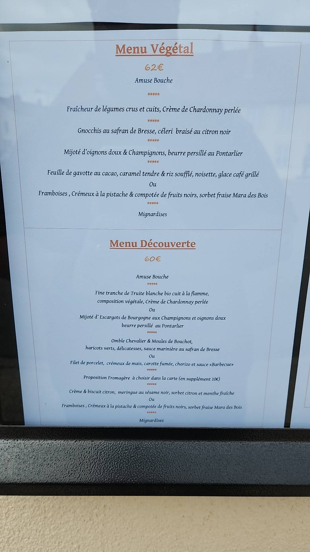 Menu de Restaurant l'Ecusson
