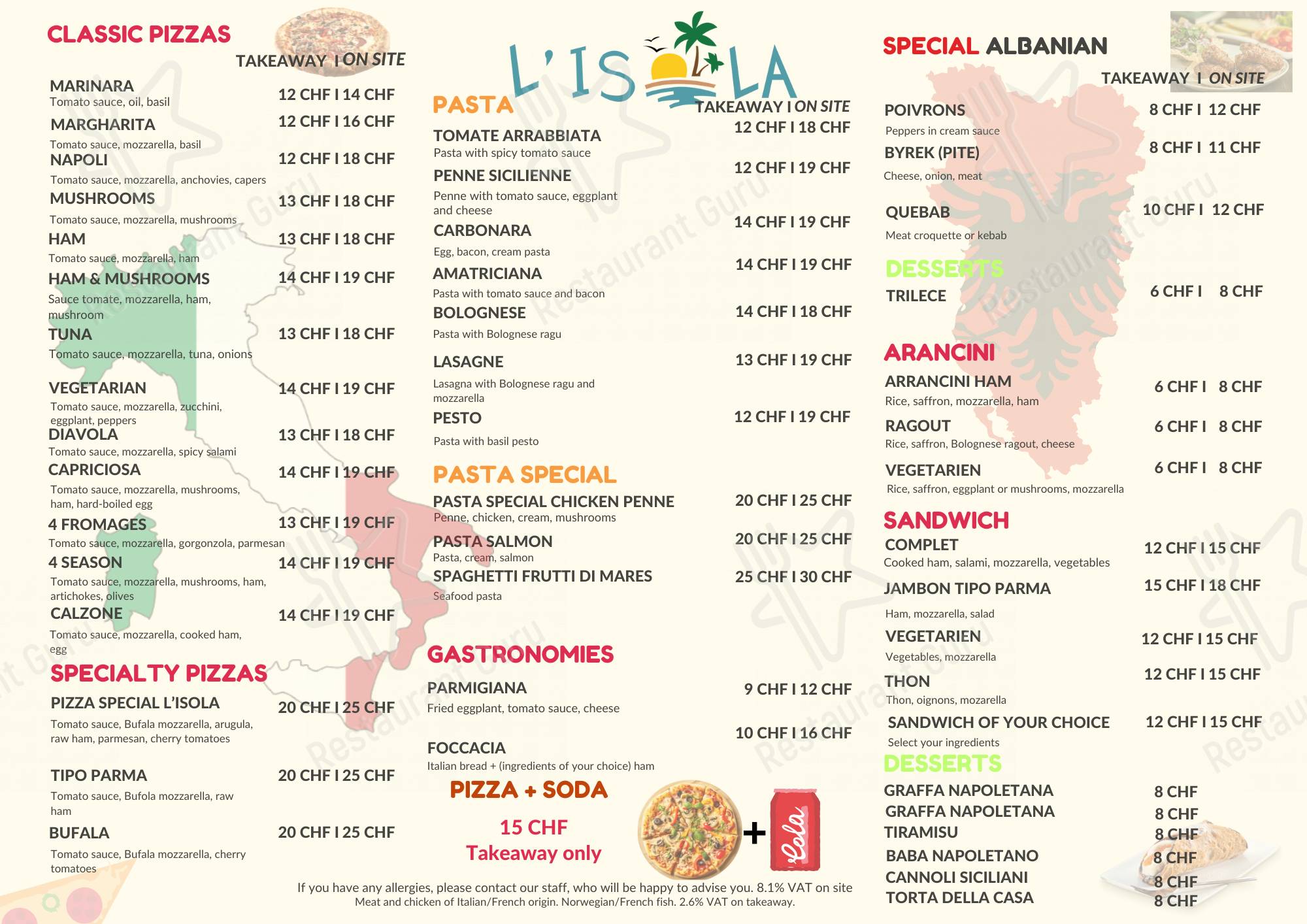 Menu di L'Isola - Italian&Albanian Street Food - Restaurant et Pizzeria 