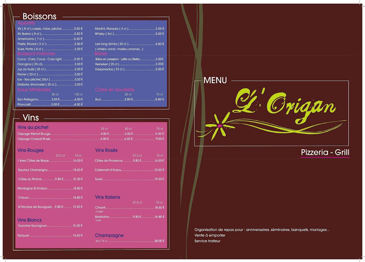 Menu de L'Origan