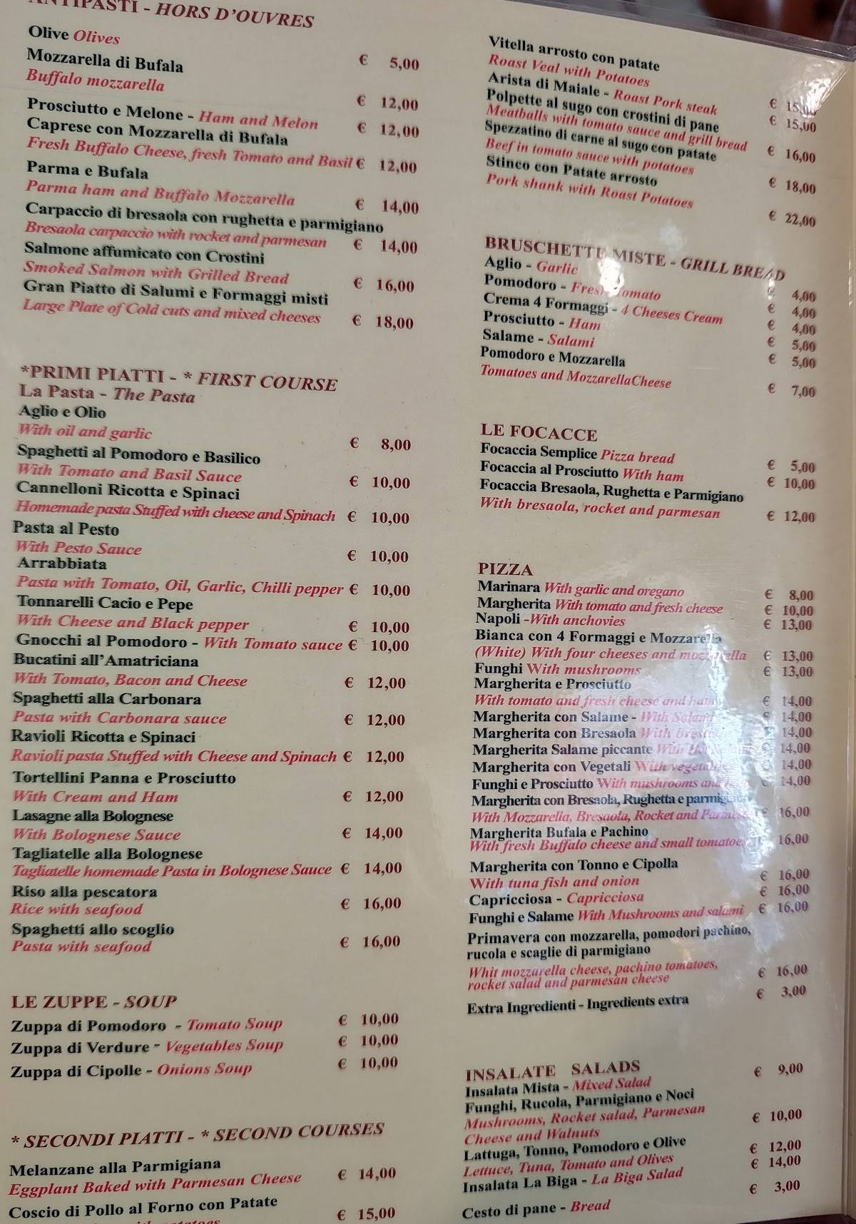 Menu di La Biga Wine Food 