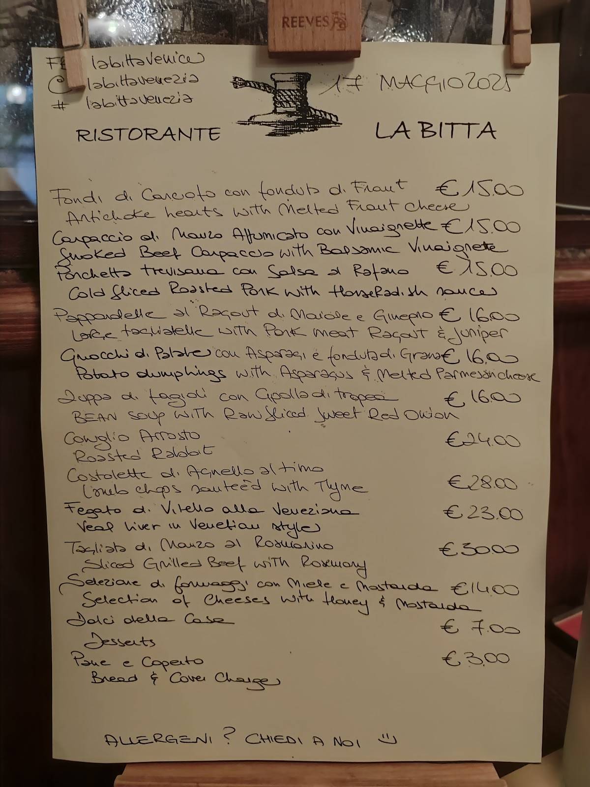 Menu di La Bitta Venezia 