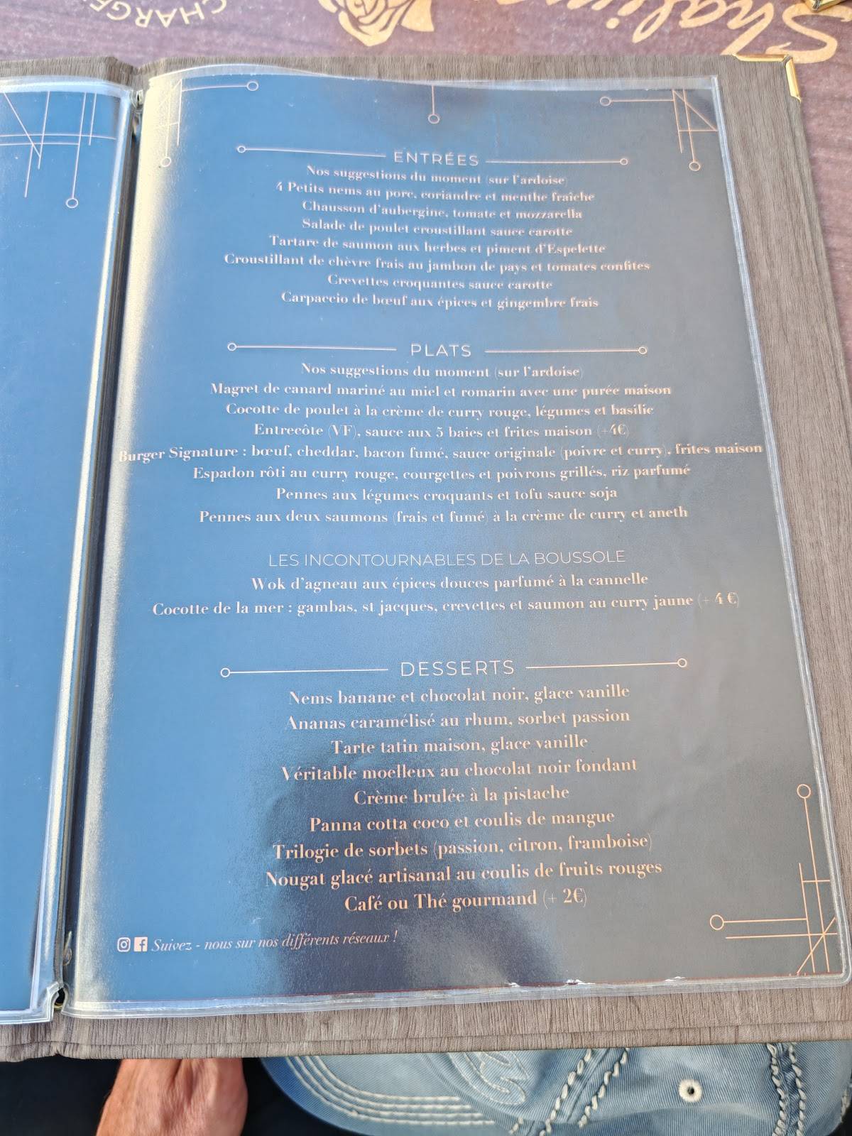 Menu de La Boussole La Rochelle