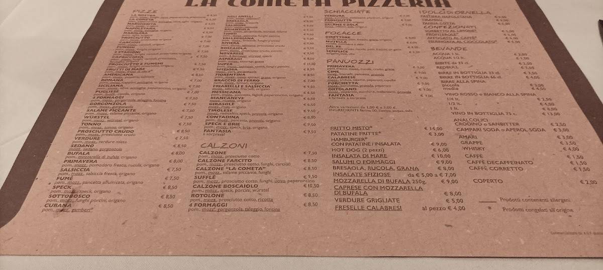 Menu di La Cometa 