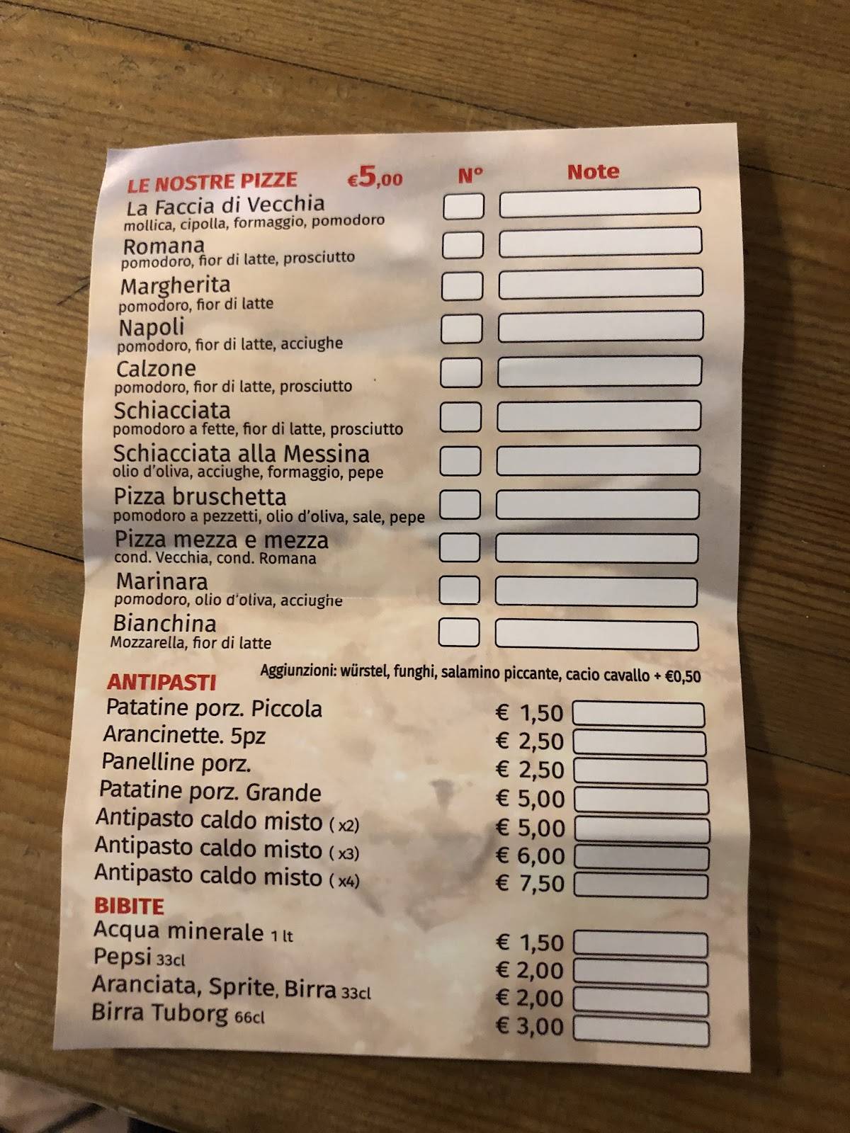 Menu di La Faccia di Vecchia 
