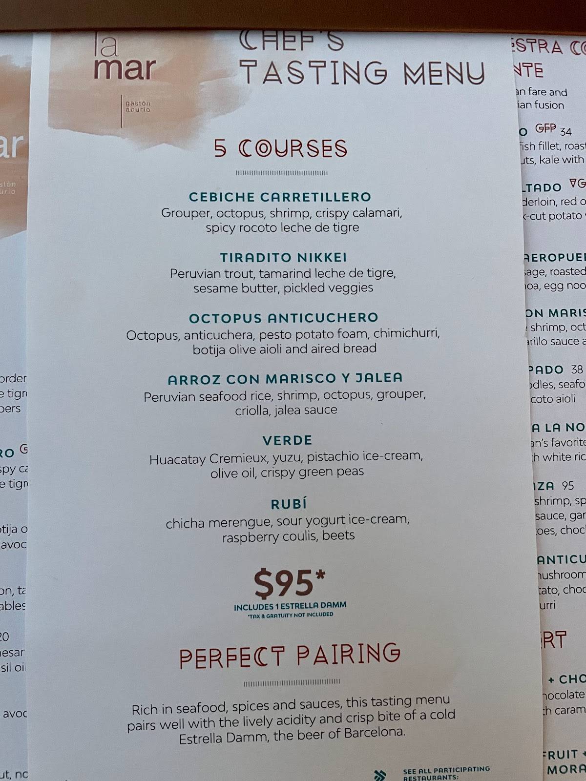 Menu at La Mar by Gastón Acurio restaurant, Miami