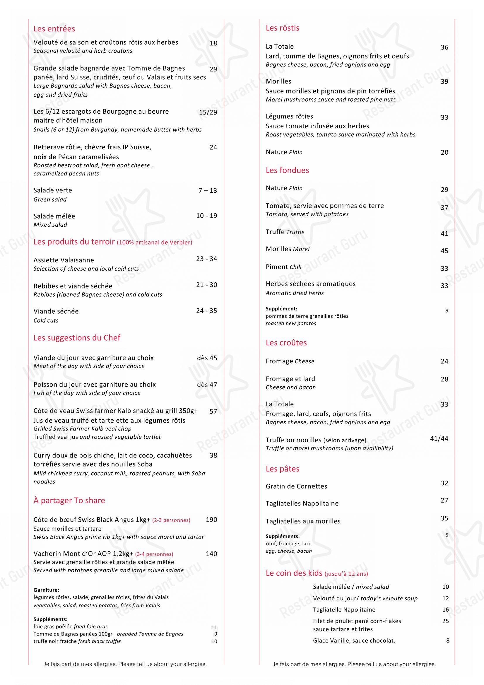 Menu per La Marlénaz in Bagnes