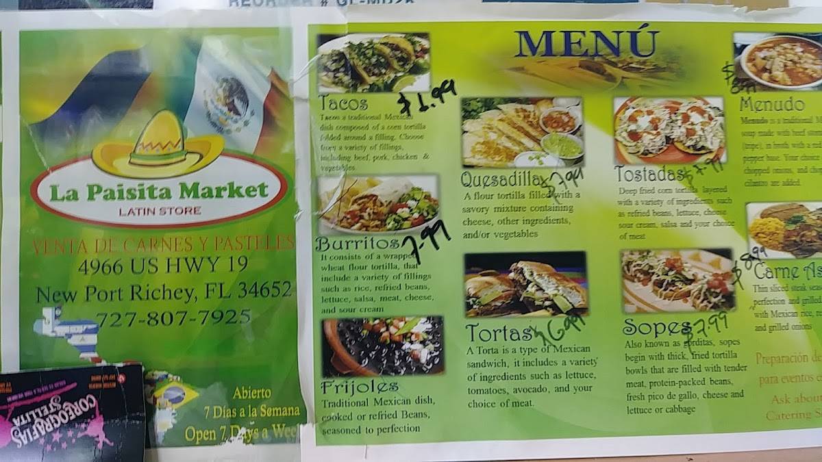 Menu at La Paisita Market Inc restaurant, New Port Richey