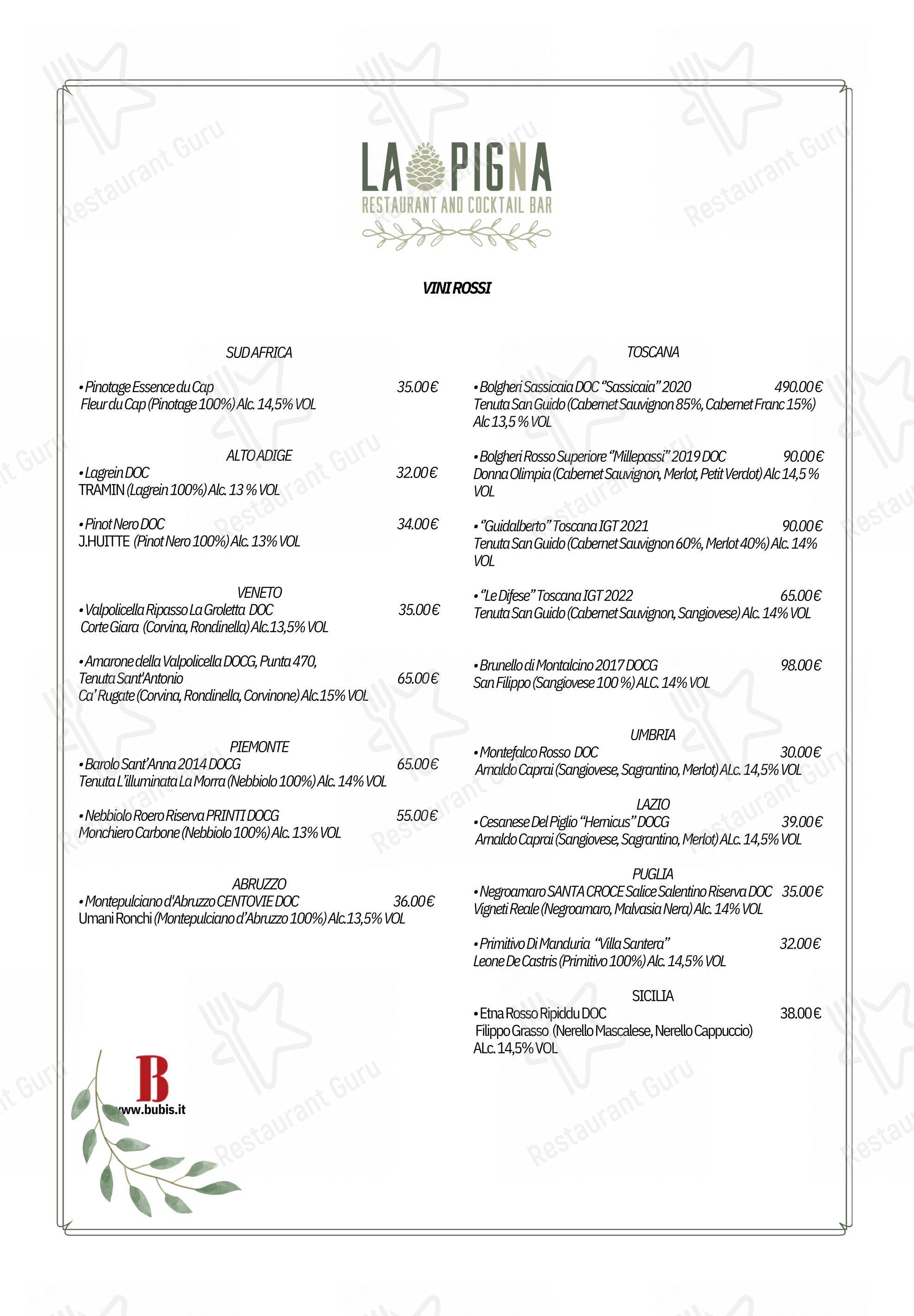 Menu bar per La Pigna Roma Cocktail Bar and Restaurant ristorante