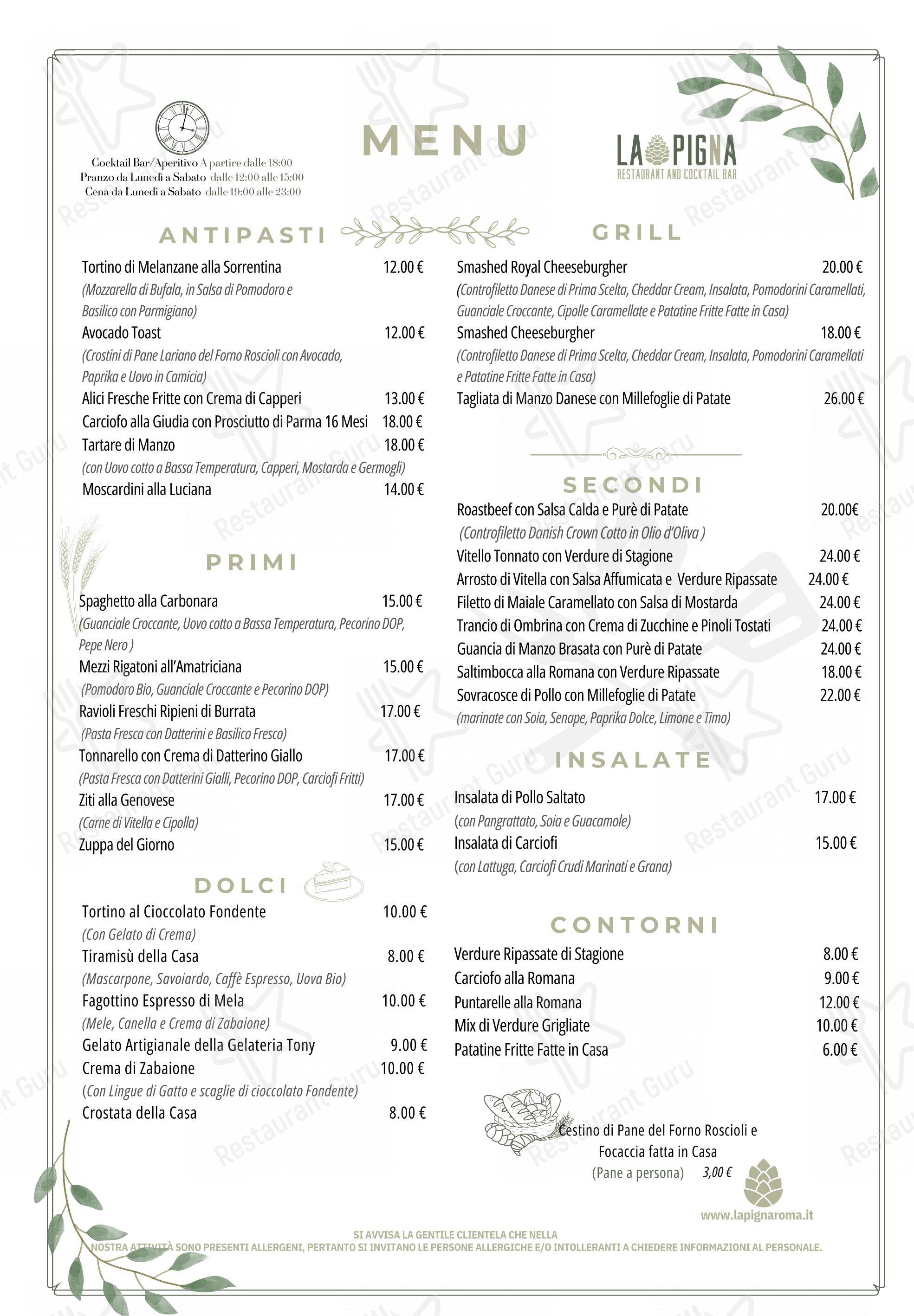 Основное меню per La Pigna Roma Cocktail Bar and Restaurant ristorante