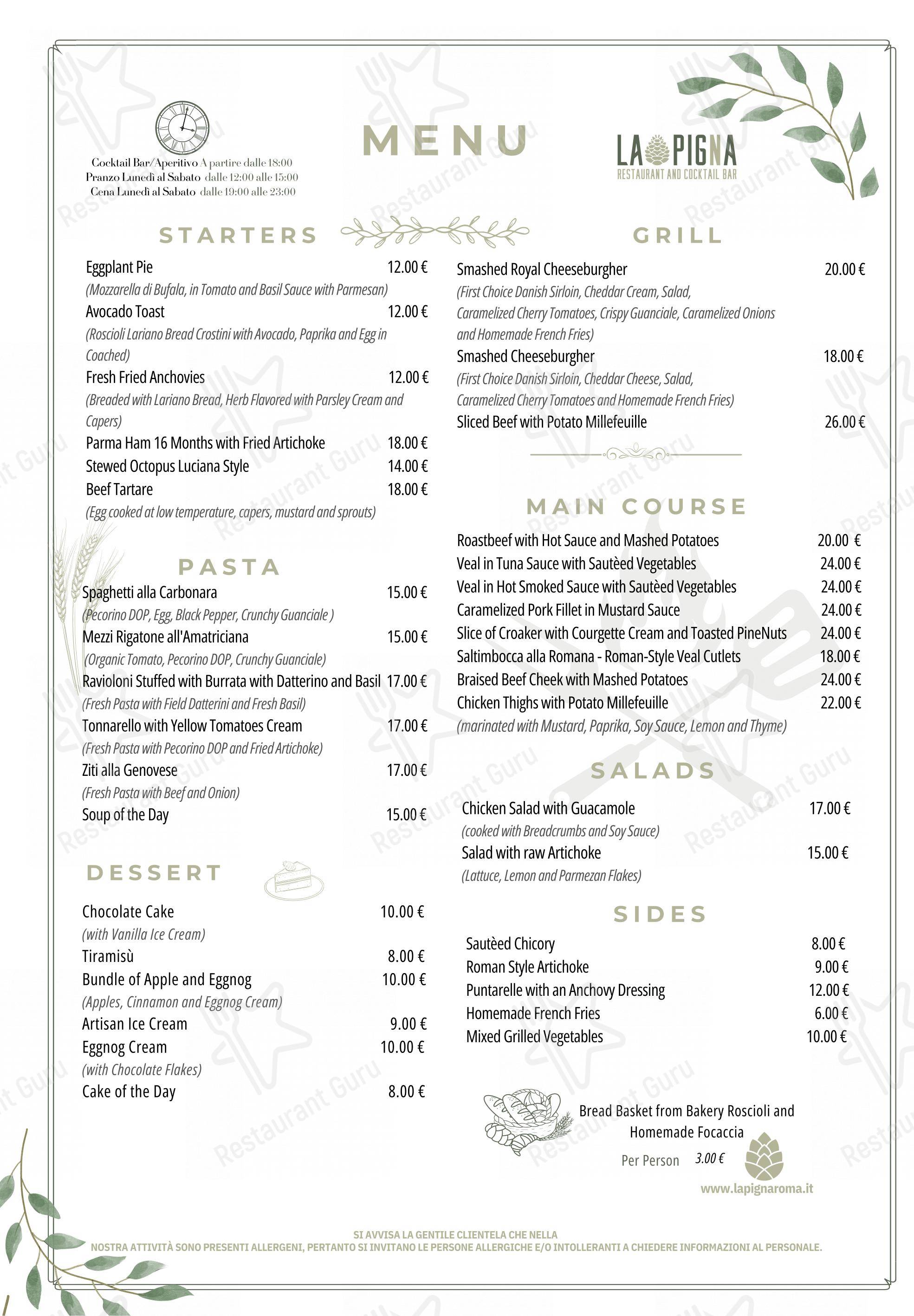 菜单 per La Pigna Roma Cocktail Bar and Restaurant in Roma